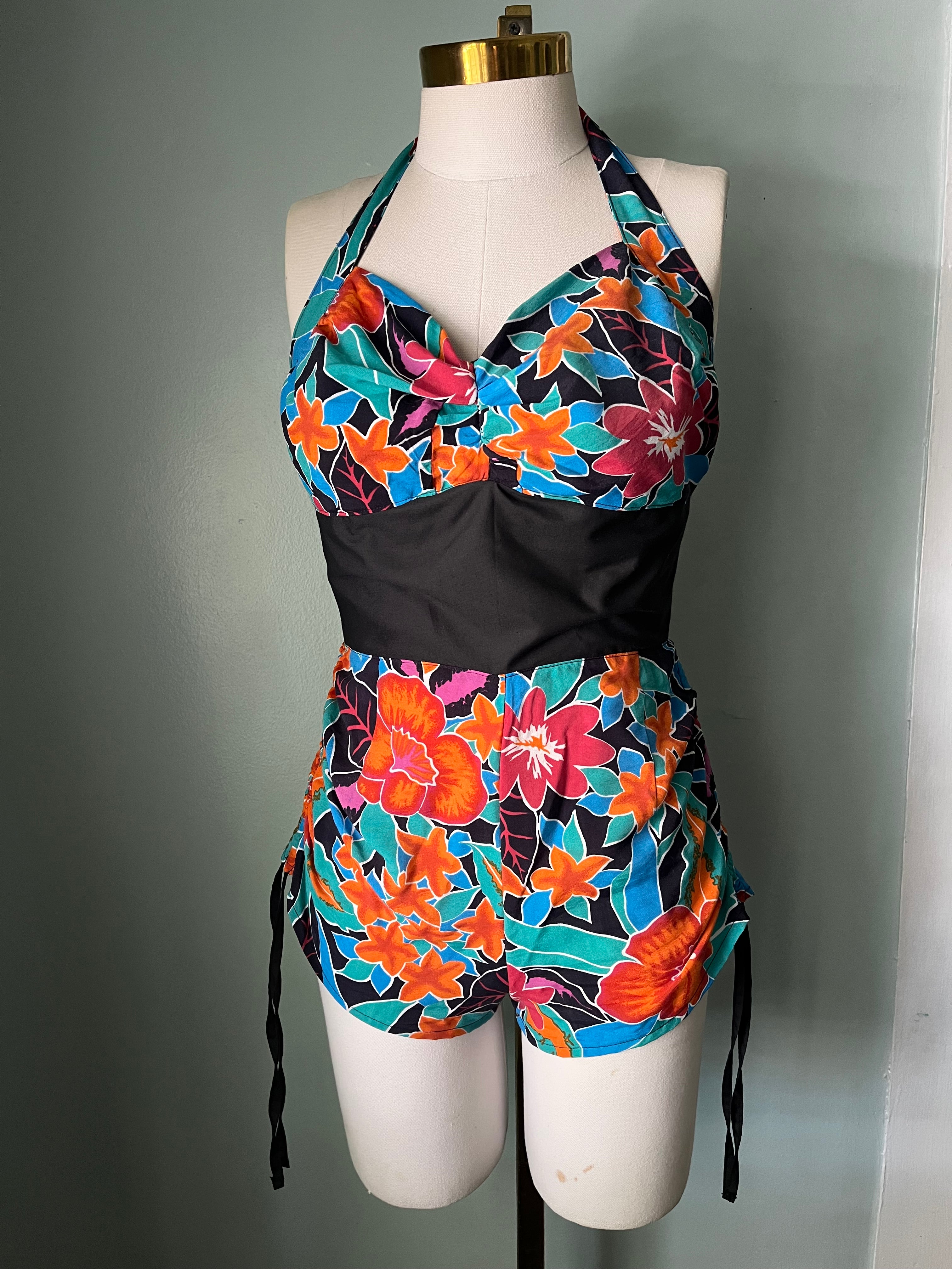 Tropical Upcycled 1950s Style Rayon Playsuit Romper